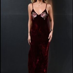 KTOO Burgandy Velvet Midi Dress With Rose Embroidery